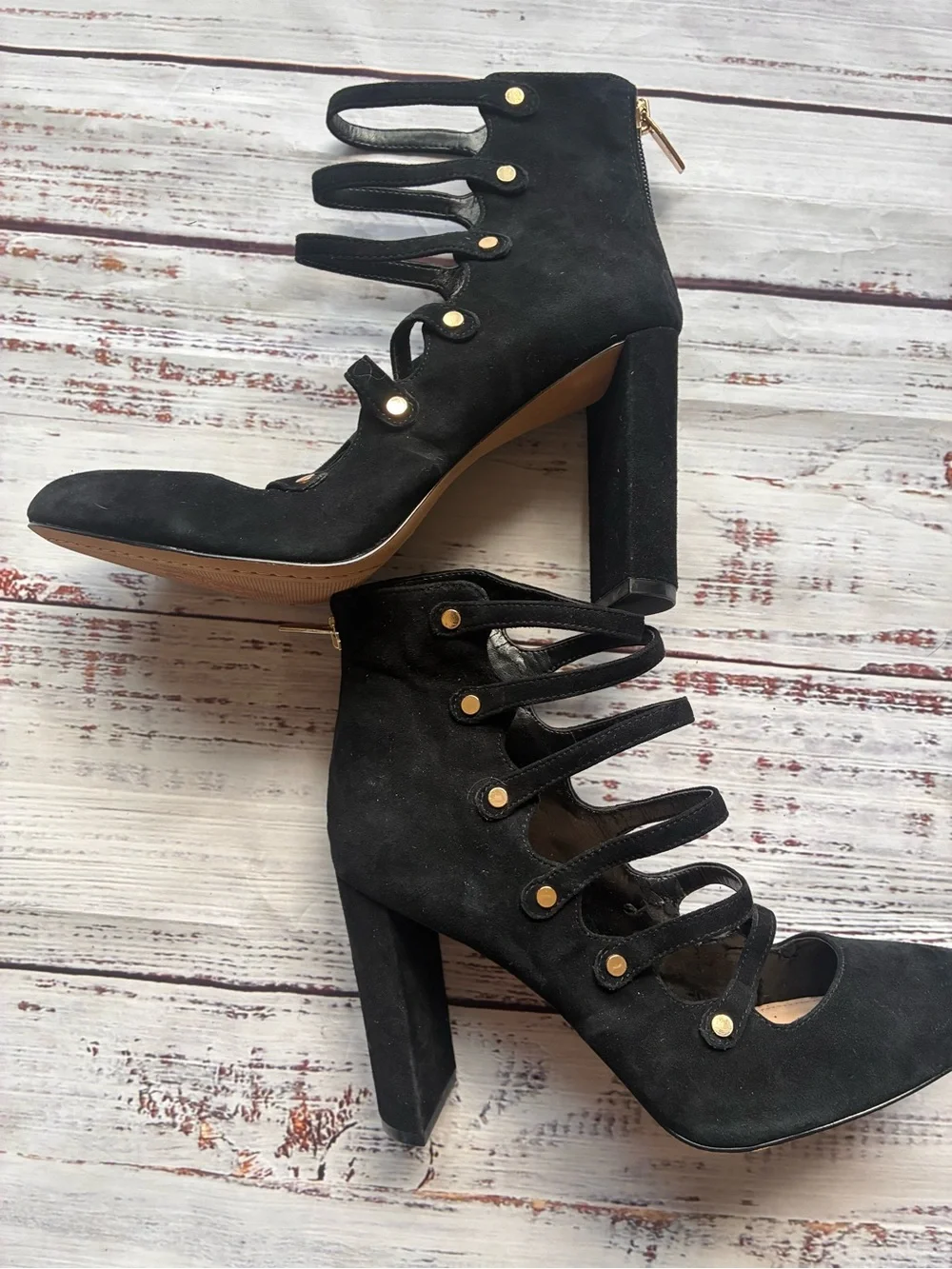 Vince Camuto Women’s Black Strappy Suede Block Heel Pumps